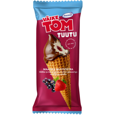 Vanilli koorejäätis maasika-mustsõstratäidisega šokolaadiglasuuriga glasuuritud vahvlikoonuses Väike Tom 75g/110ml