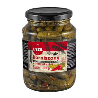 VERA Marineeritud kornišonid tšilliga (1-3cm) 350g (klaas)