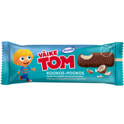 Vanilli-koorejäätis kookosemaitselise täidisega kookoshelvestega šokolaadiglasuuris Kookos-pookos Väike Tom 60g/70ml
