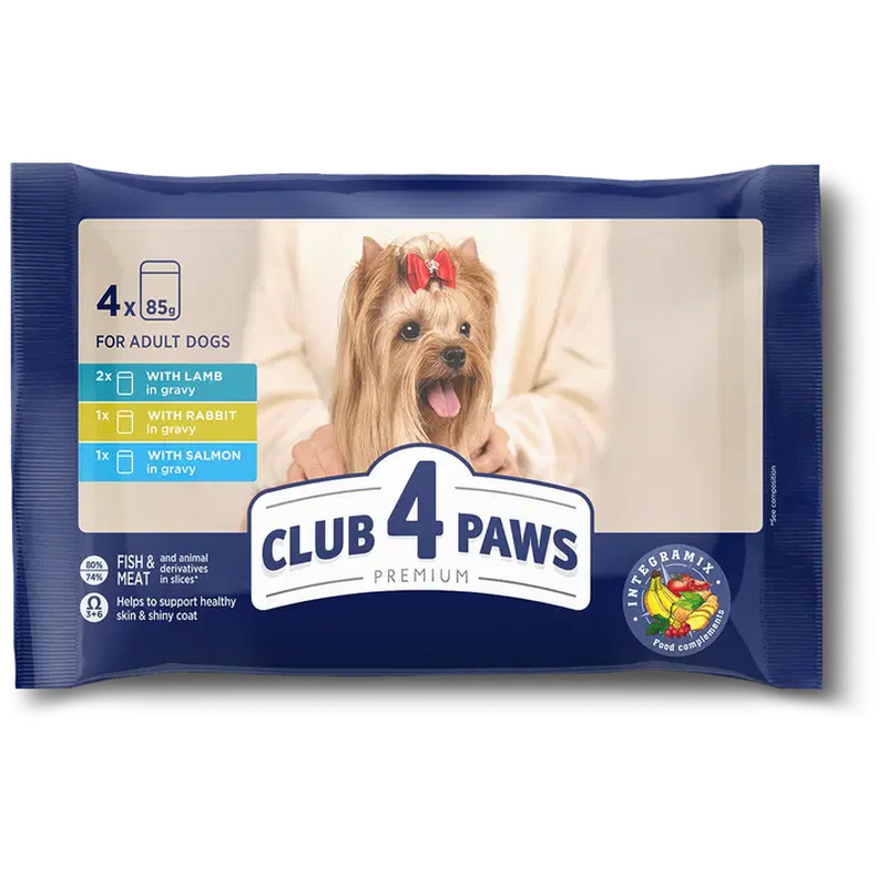 Club4Paws Premium konserv täiskasvanud koertele MIX: lambalihaga kastmes, küülikuliha kastmes, lõhe kastmes 4 × 85 g