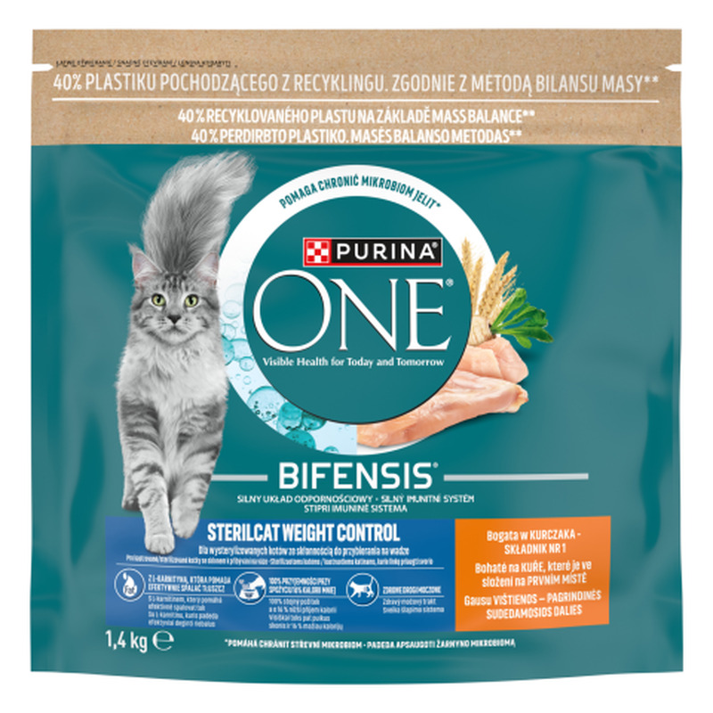 Kassitoit steriliseeritud kassidele kaalujälgimiseks kanaga Purina One 1,4kg