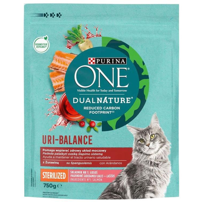 Kuiv kassitoit steriliseeritud kassidele lõhe ja jõhvikatega, PURINA ONE, 750 g