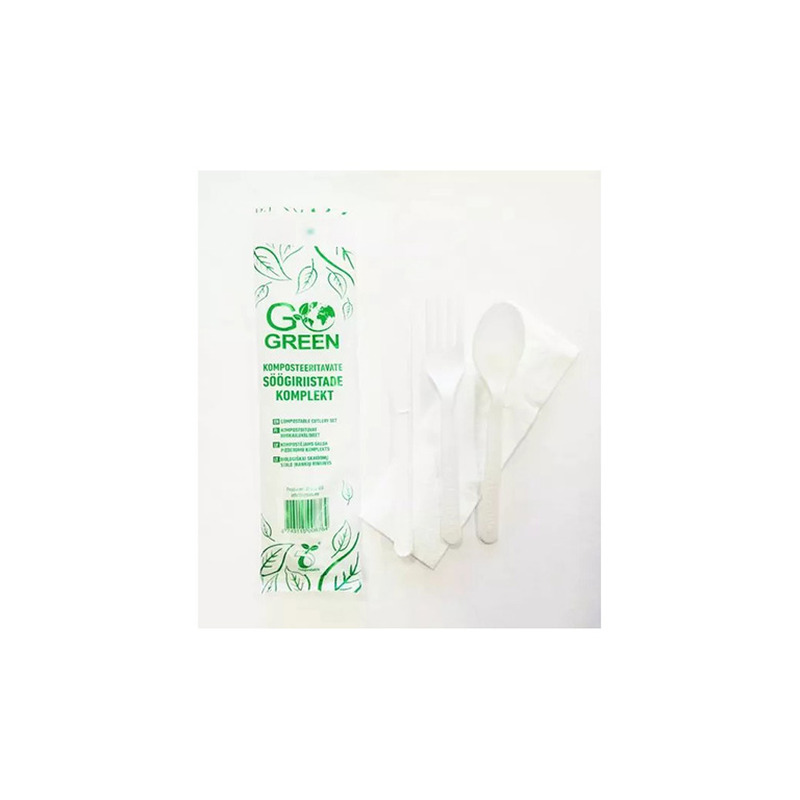 Ühekordsete söögiriistade komplekt Bio (kahvel, nyga, salvrätik)