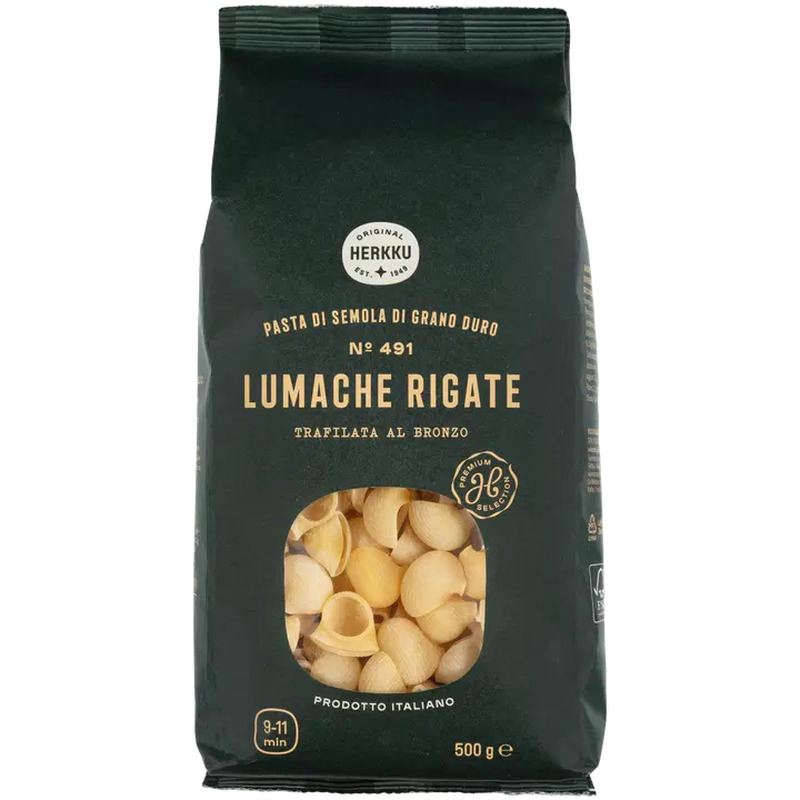 Herkku lumache rigate kõvanisujahust pasta, 500 g