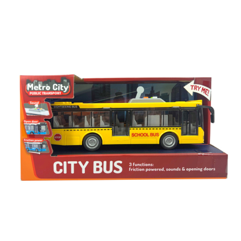 Buss Metro City 1:16 häälte ja tuledega, inertsiga värv ja kujundus võivad erineda