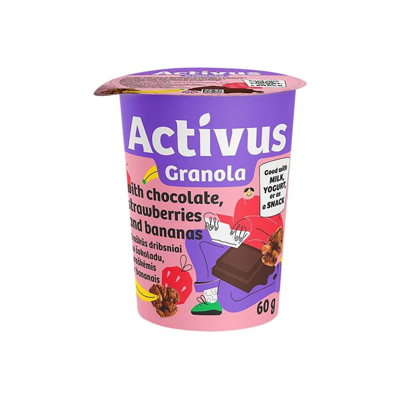 Granola müsli šokolaadi, maasikate ja banaanidega, ACTIVUS, 60 g