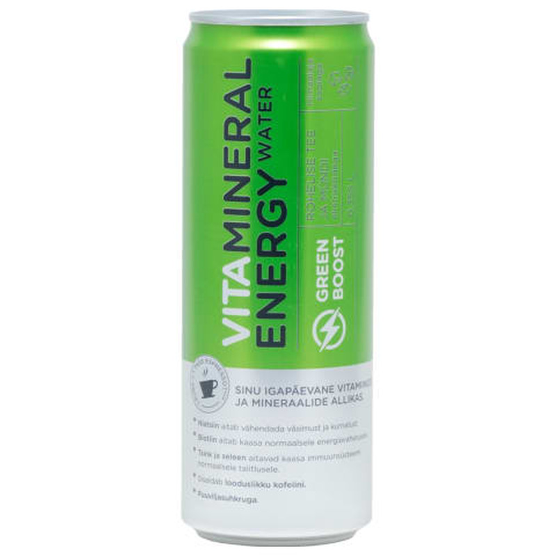 Karboniseeritud jook rohelise tee ja piparmündi ekstraktiga Vitamineral Energy Water Green Boost 0,355l purk