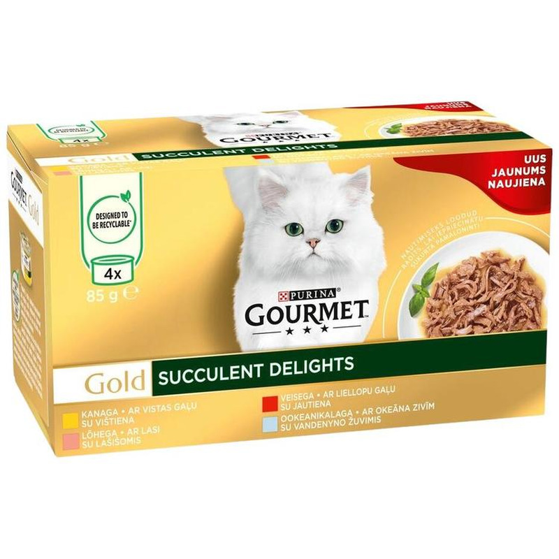 Kassikonserv liha/kalavalik Succulent Delights 4-pakk, GOURMET GOLD, 4 x 85 g