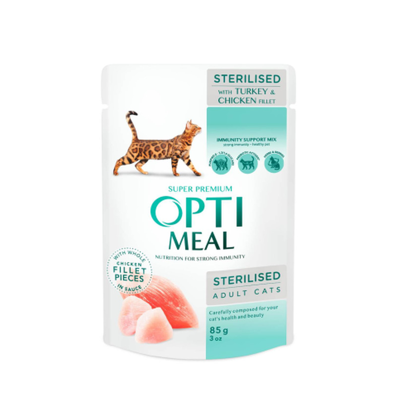 Täissööt steriliseeritud kassidele Optimeal kalkun ja kanafilee kastmes 85g