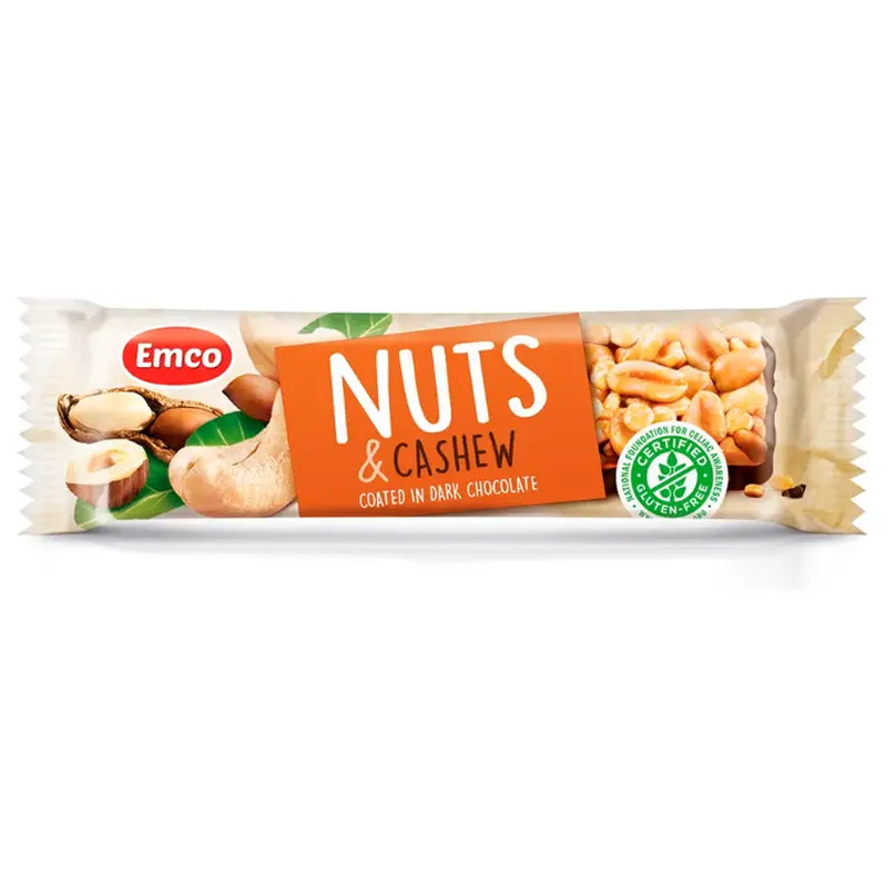 Emco gluteenivaba pähklibatoon india pähklitega,pooleldi kaetud tumeda šokolaadiga 35g