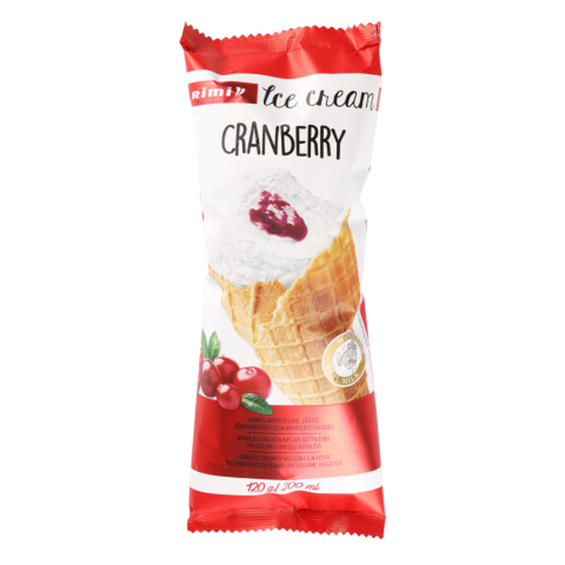 Vanillimaitseline jäätis jõhvikatäidisega vahvlikoonuses Rimi 120g/200ml