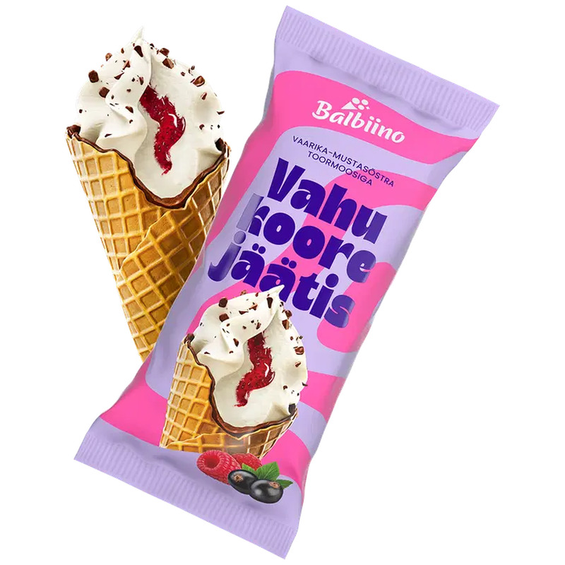 Balbiino Vahukoorejäätis Vaarika-Mustsõstramoosi ja Piimašokolaaditükkidega Vahvlikoonuses 94 g