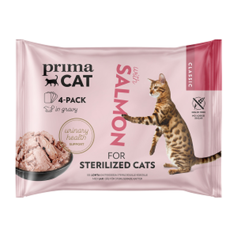 Täistoit. Eine steriliseeritud kassidele lõhega 4x85g, PRIMACAT, 340 g