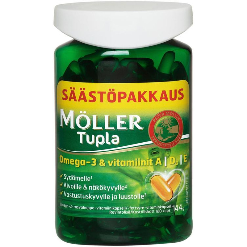 Möller Tupla kalaõli Omega-3 ja A, D, E vitamiinidega, 160 kapslit