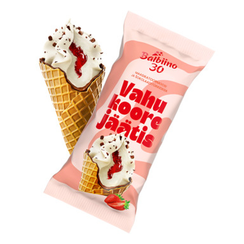 Vahukoorejäätis maasikatoormoosi ja piimašokolaaditükkidega vahvlikoonuses, BALBIINO, 94 g