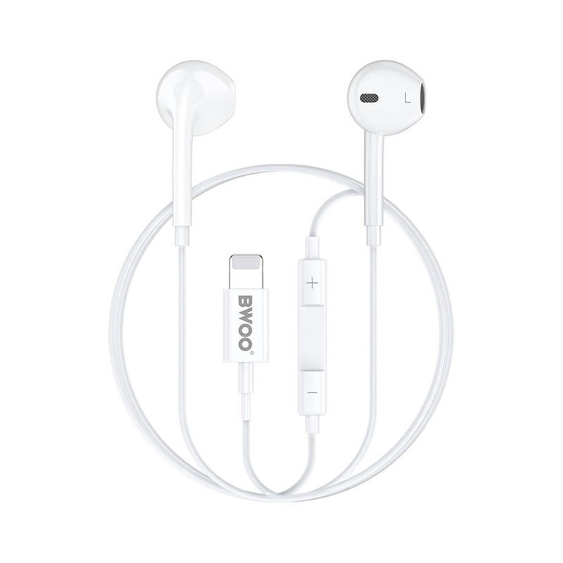 Kõrvaklapid juhtmega, LIGHTNING pistik, helitugevuse juhtimine, BWOO HF179, valge