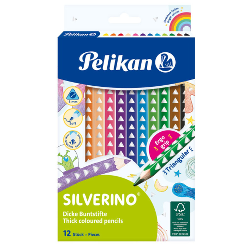 Värvipliiats Pelikan Silverino, kolmnurkne, SOFT, jäme, 12 värvi