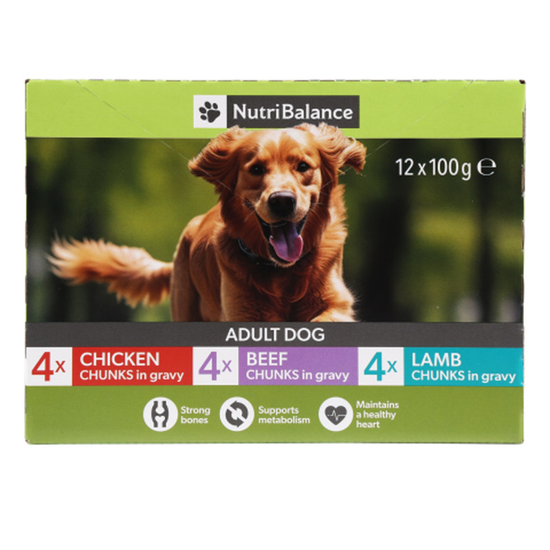 Täissööt koertele Nutribalance kanalihaga, veiselihaga, lambalihaga 12x100g