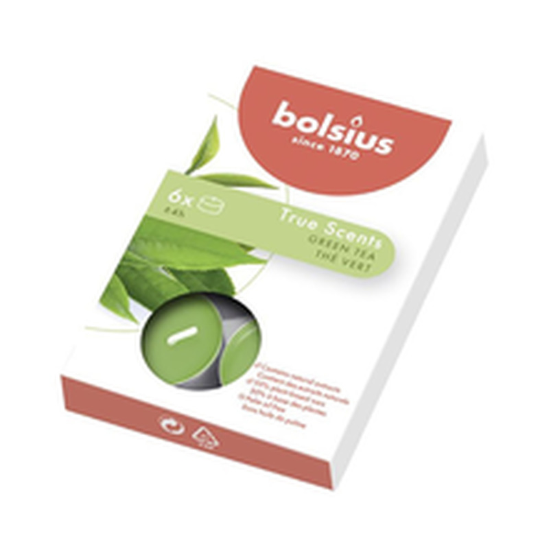Bolsius 6 lõhna-teeküünalt karbis 4h, roheline tee true