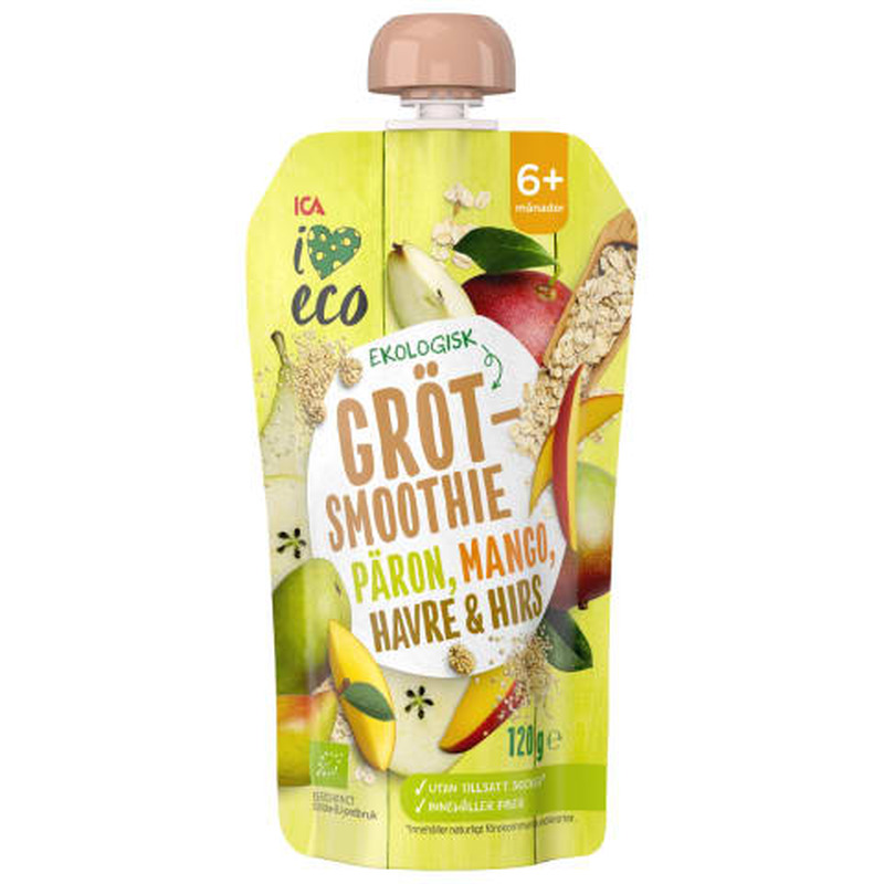 Püree puuvilja ja teraviljadega I Love Eco pirn, mango, kaer ja hirss,alates 6 kuust 120g
