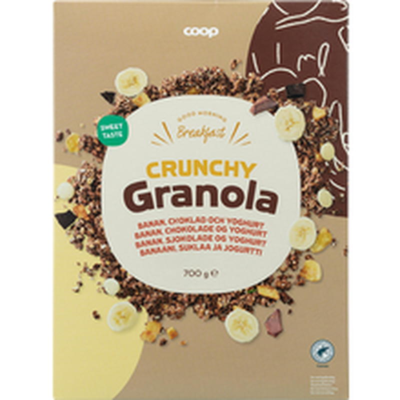 Coop magus granola banaanilaastutükkidega 8%, jogurtiga 7%, tumedašokolaadiga 2% ja piimašokolaadiga 2% 700g