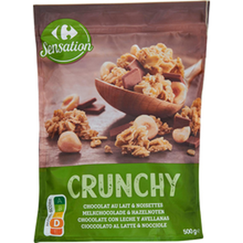 Carrefour, krõbe müsli, piimašokolaad ja sarapuupähklitükid 500g
