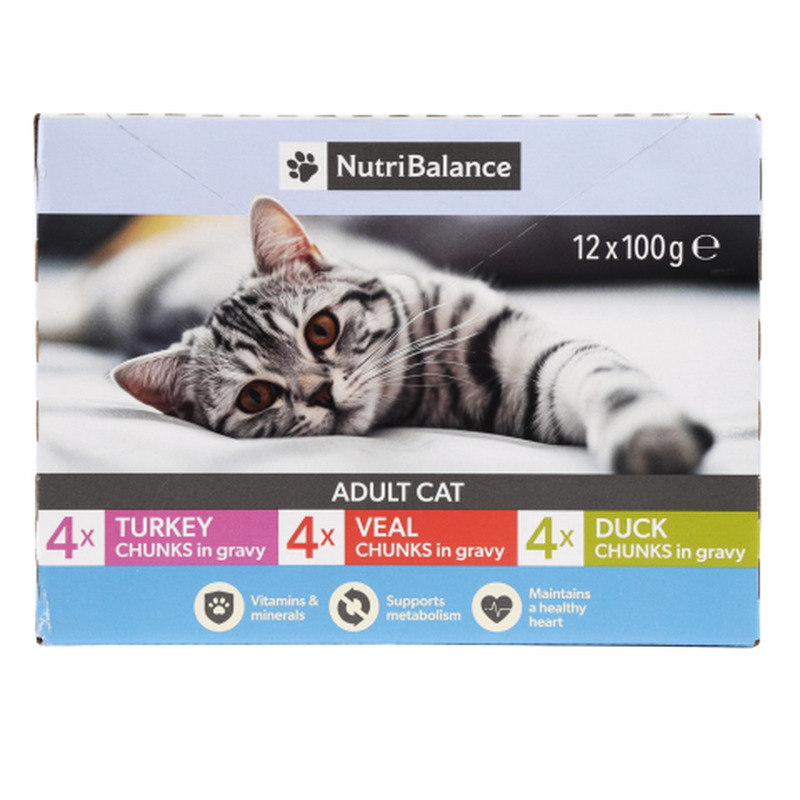 Täissööt kassidele Nutribalance kalkunilihaga, vasikalihaga, pardilihaga 12x100g