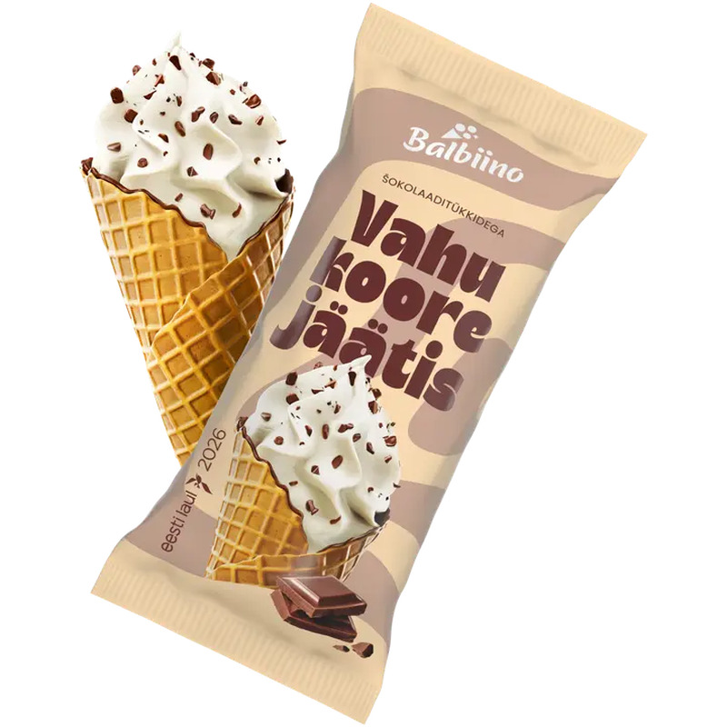 Balbiino Vahukoorejäätis Šokolaaditükkidega Vahvlikoonuses 85 g