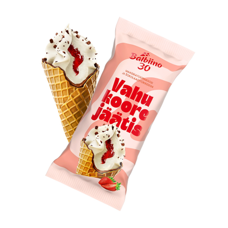 Vahukoorejäätis maasikatoormoosi ja piimašokolaaditükkidega vahvlikoonuses Balbiino 94g