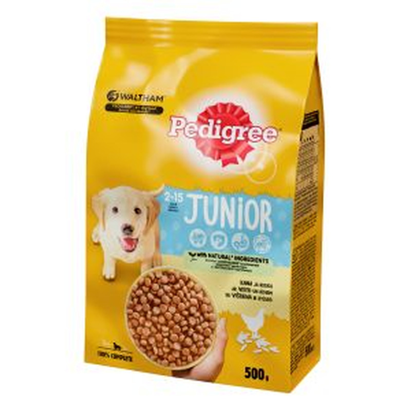 Pedigree Junior kuivtoit koerale 500g linnuliha, riis