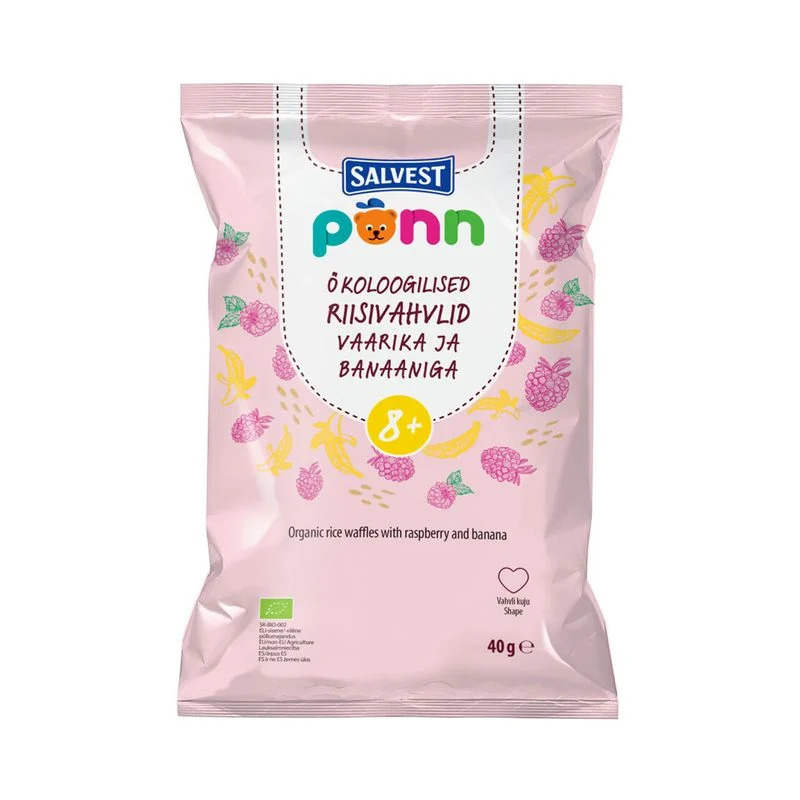 Ökoloogilised Riisivahvlid vaarika ja banaaniga 8+ 40g, PÕNN, 1tk