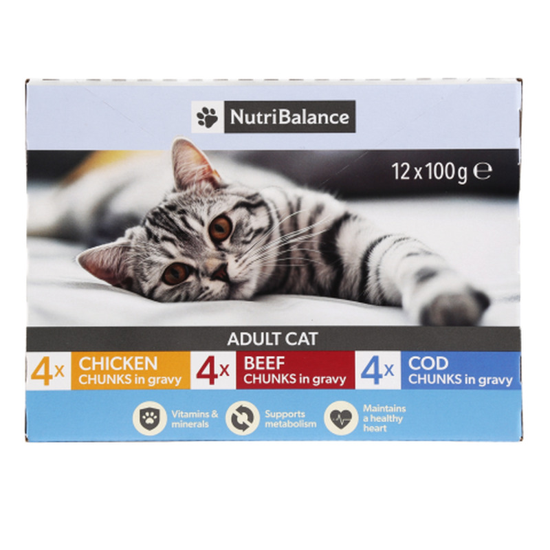 Täissööt kassidele Nutribalance kanalihaga, veiselihaga, tursaga 12x100g