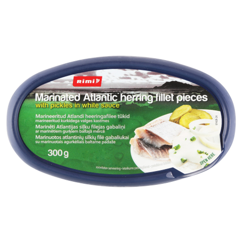 Marineeritud Atlandi heeringafilee tükid marineeritud kurkidega valges kastmes Rimi 300g