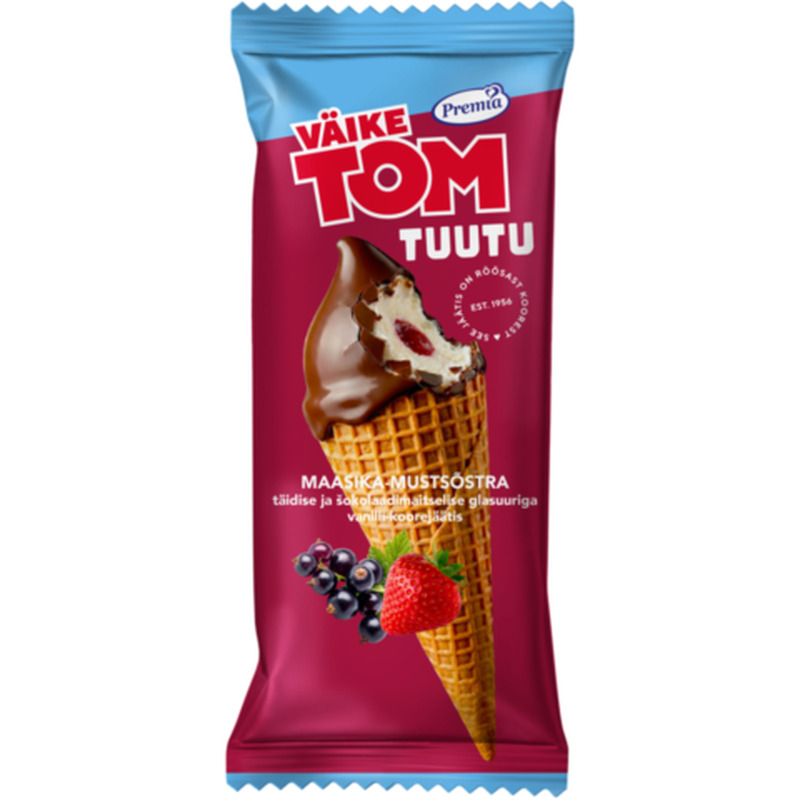 Vanilli koorejäätis maasika-mustsõstratäidisega šokolaadiglasuuriga glasuuritud vahvlikoonuses Väike Tom 75g/110ml