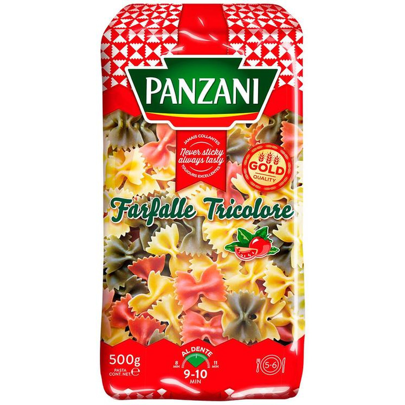 Farfalle lipsuke 3-värvilised makaronid, PANZANI, 500 g