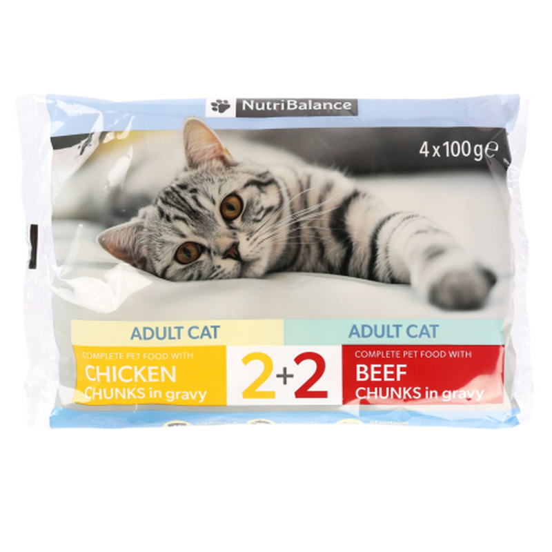 Täissööt kassidele Nutribalance kanalihaga, veiselihaga 4x100g
