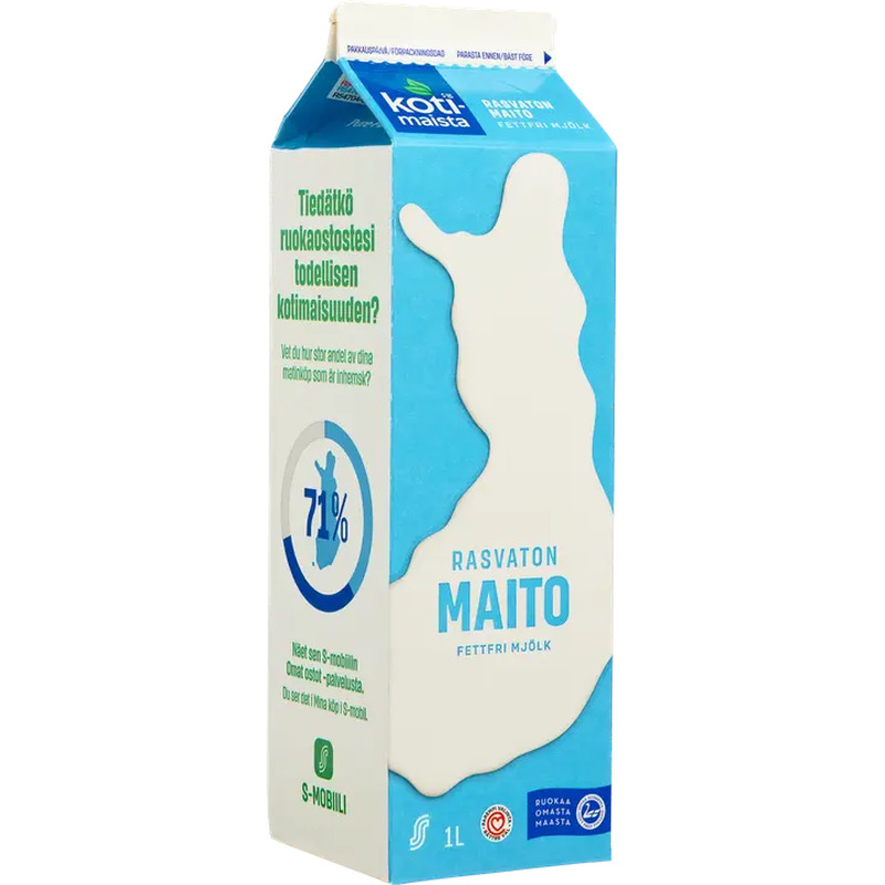 Kotimaista rasvavaba piim, 1 l
