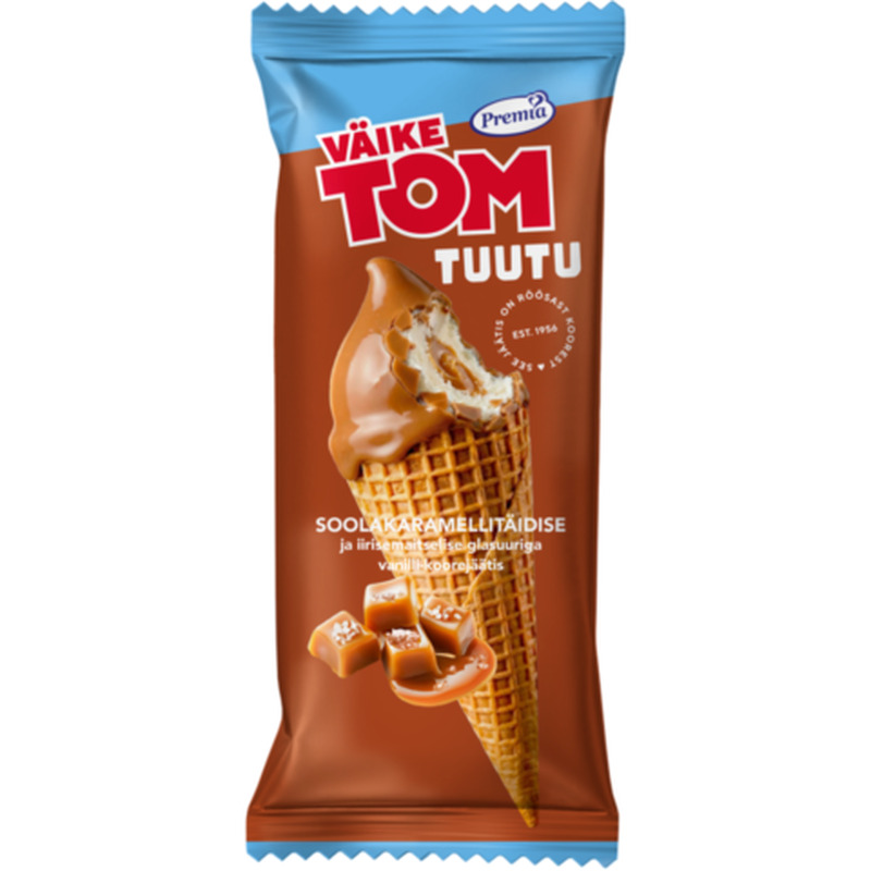 Vanilli koorejäätis soolakaramellitäidise ja iirisemaitselise glasuuriga glasuuritud vahvlikoonuses Väike Tom 75g/110ml