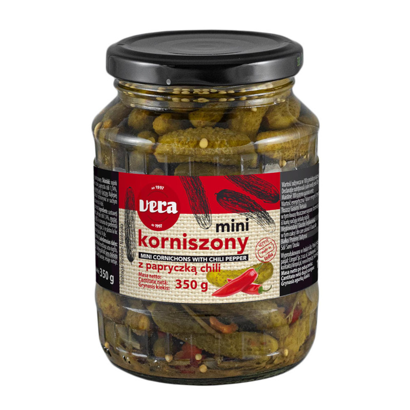 VERA Marineeritud kornišonid tšilliga (1-3cm) 350g (klaas)