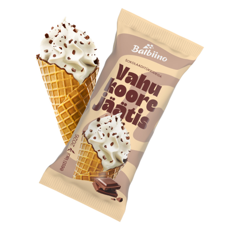 Vahukoorejäätis šokolaaditükkidega vahvlikoonuses Balbiino 165ml/85g