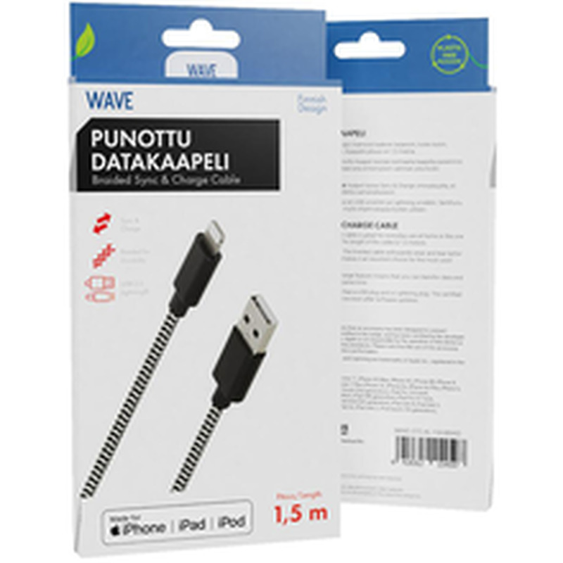 Datakaabel Apple lightning(mfi) 1,5 m, must/valge