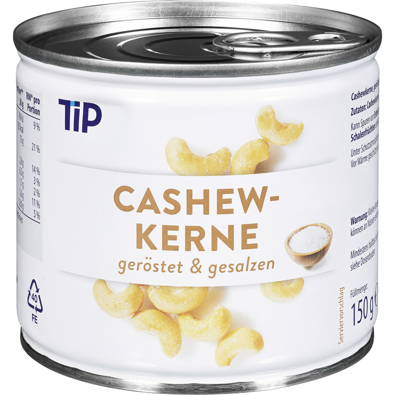 TIP Röstitud ja soolatud india pähklid 150g(purgis)