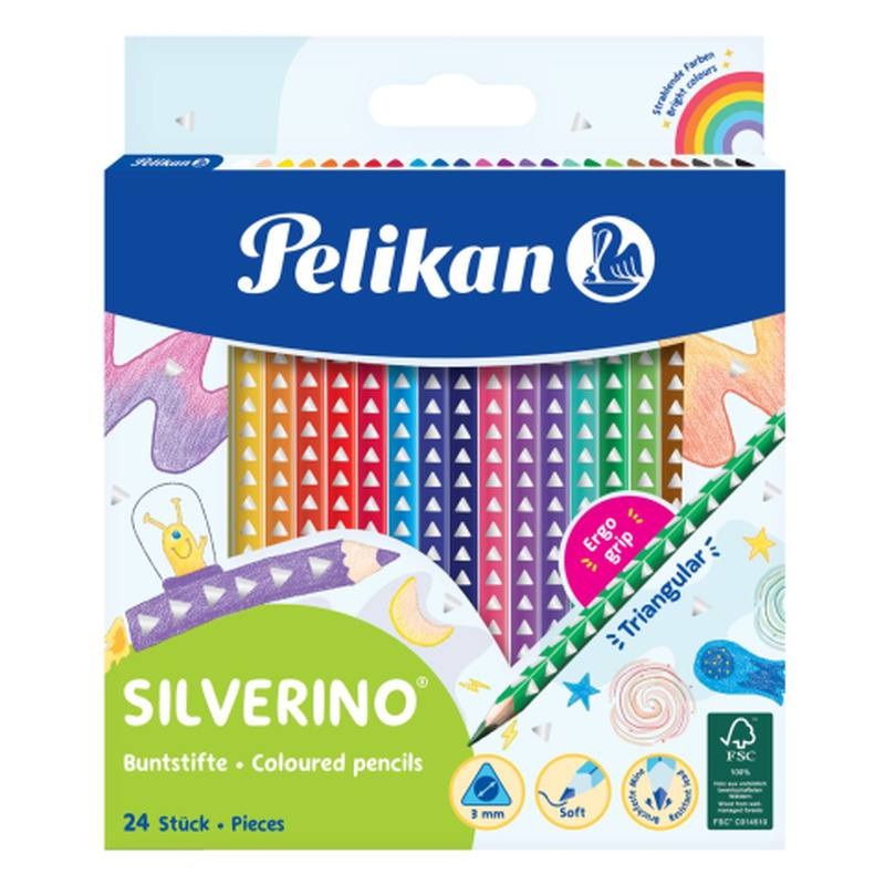 Värvipliiats Pelikan Silverino, kolmnurkne, SOFT, peenike, 24 värvi