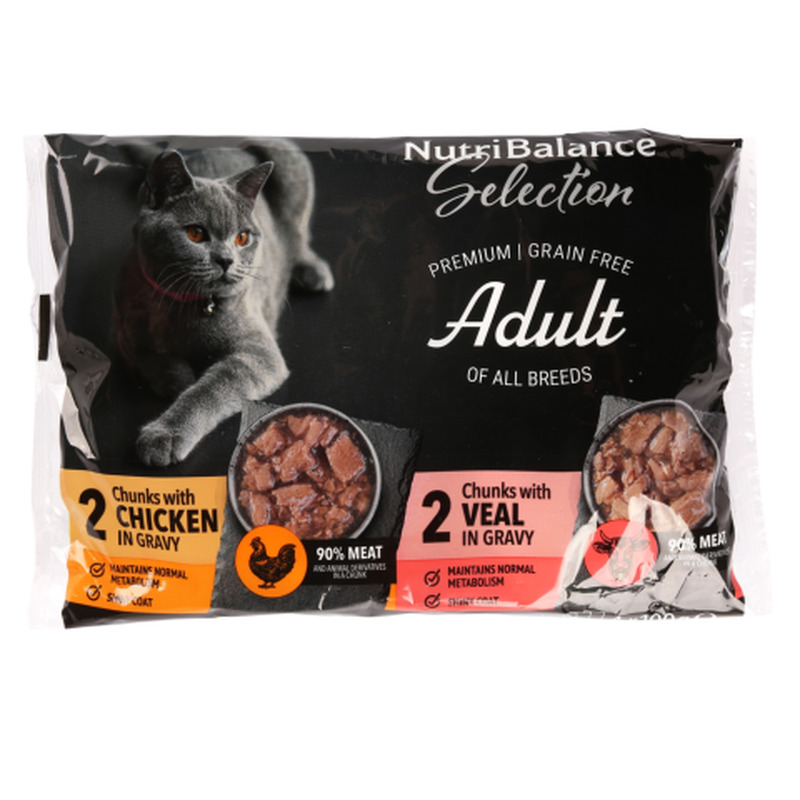 Täissööt kassidele Nutribalance Selection kanalihaga, vasikalihaga 4x100g