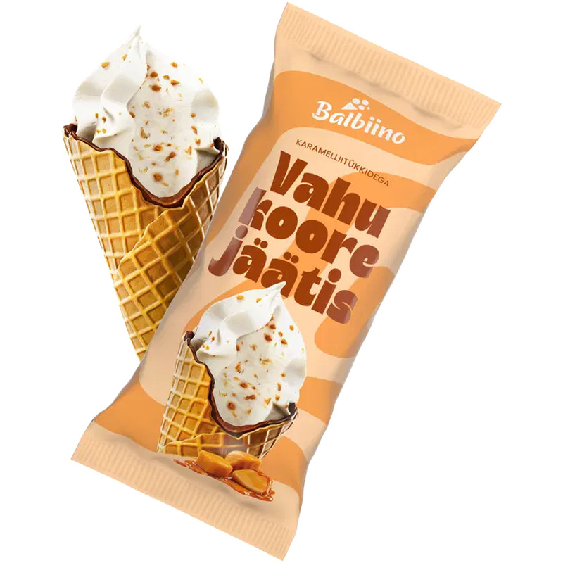 Vahukoorejäätis karamellitükkidega vahvlikoonuses, BALBIINO, 86 g