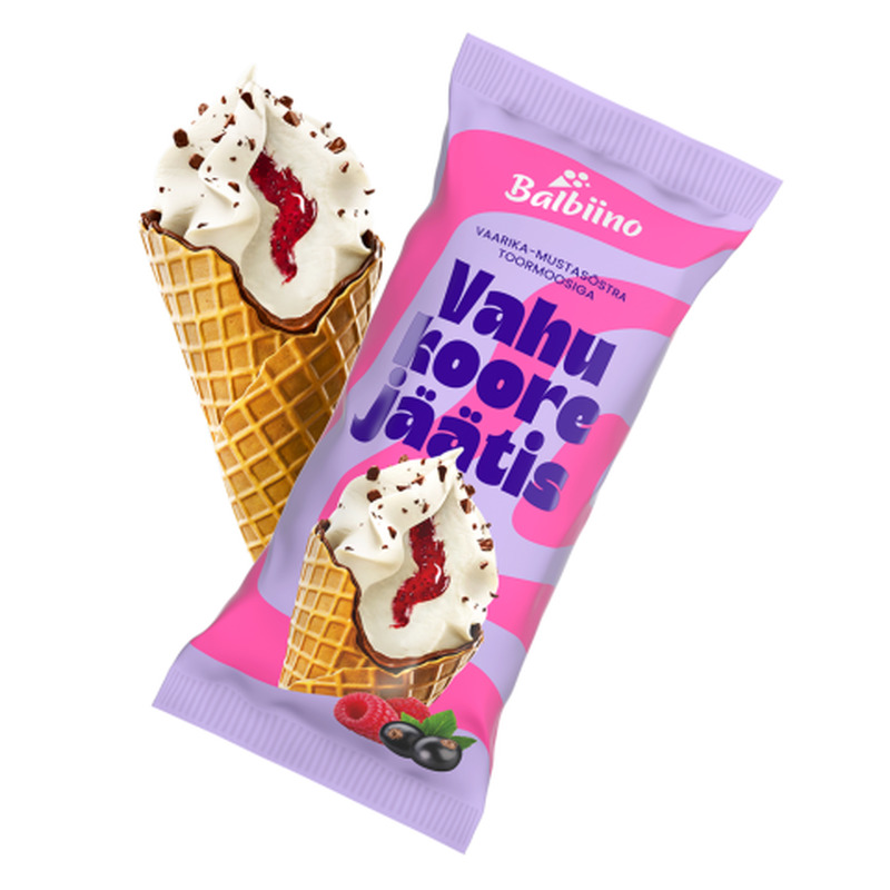 Vahukoorejäätis vaarika-mustasõstratoormoosiga vahvlikoonuses Balbiino 165ml/94g