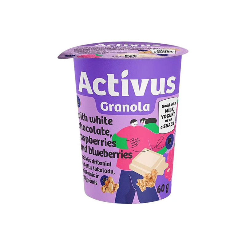 Granola müsli valge šokolaadi, vaarikate ja mustikatega, ACTIVUS, 60 g