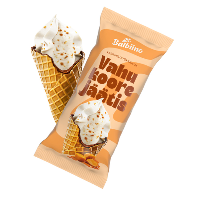Vahukoorejäätis karamellitükkidega vahvlikoonuses Balbiino 165ml/86g