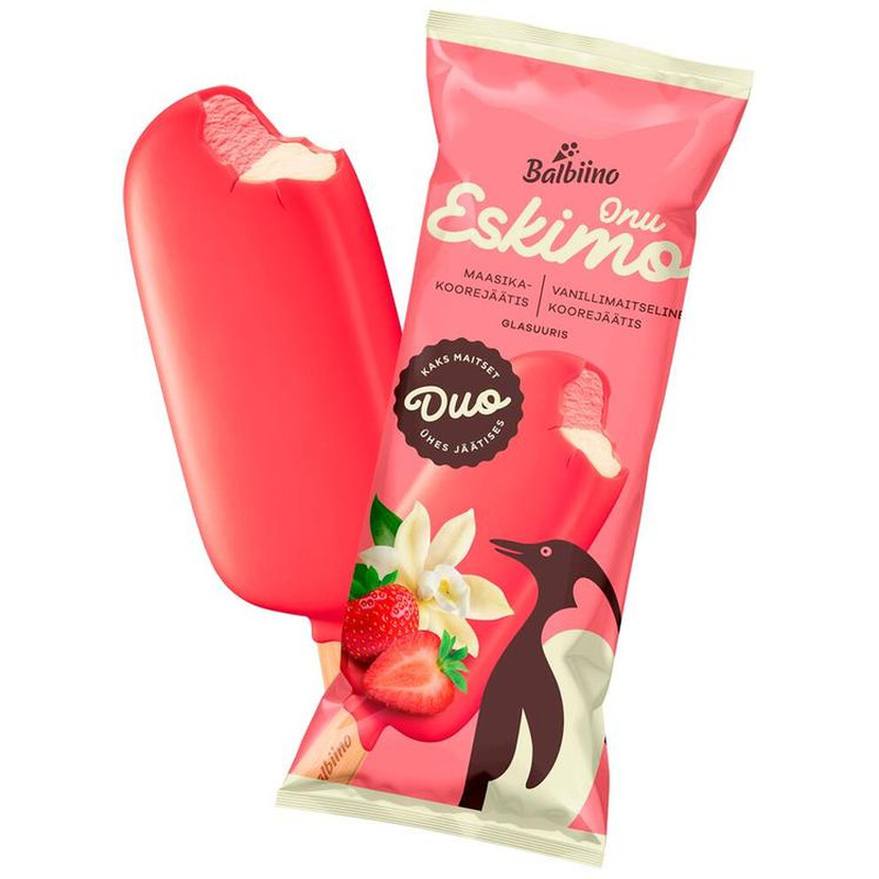 Maasika ja vanillimaitseline koorejäätis maasikaglasuuris, ONU ESKIMO, 84 g