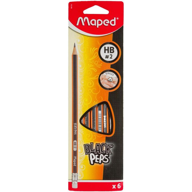 Pliiats Black Peps HB kummiga, MAPED, 6 tk